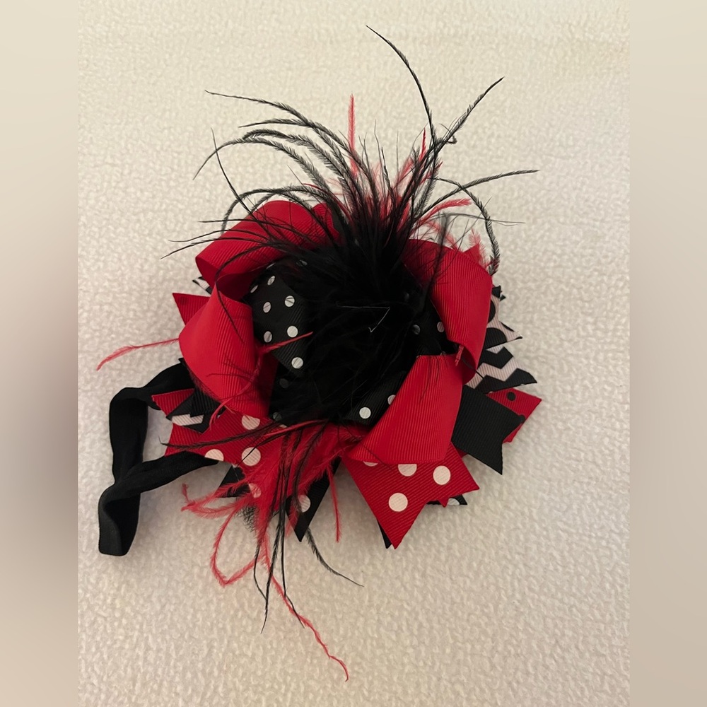 Oversized Fancy Feathered Red & Black Headband Bow